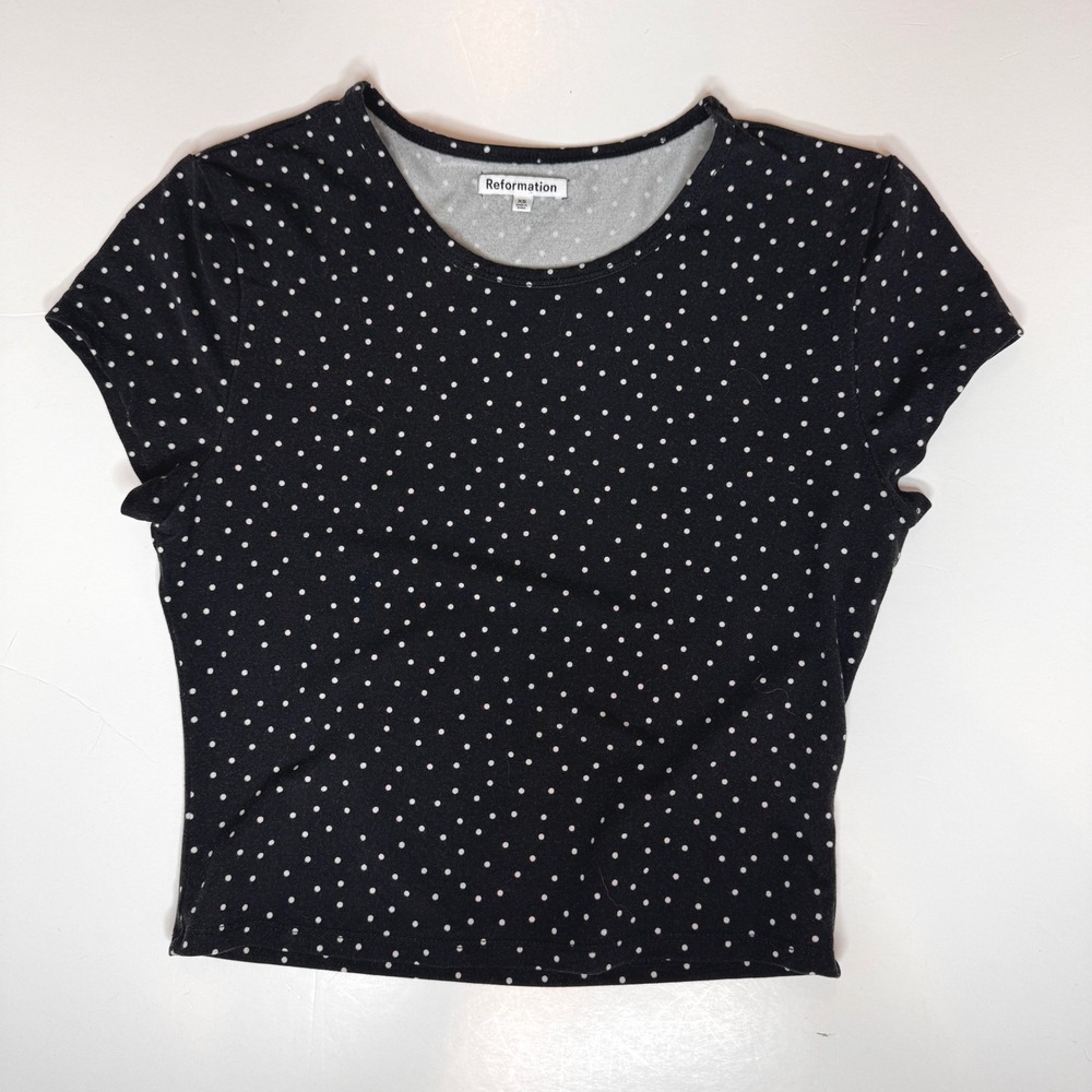REFORMATION Cropped T-shirt XS Black White Polka Dots Lyocell Coquette